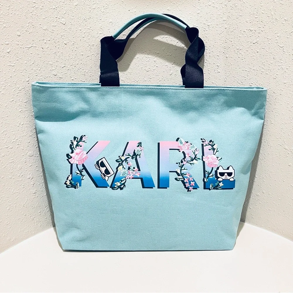 Karl Lagerfeld Paris Double Strap Canvas Floral Embroidered Logo Tote Bag NWT